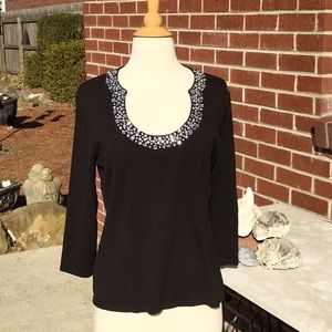 Spense Black Sweater with Crystal Beaded  Neckline 3/4 Length Sleeves Size Large